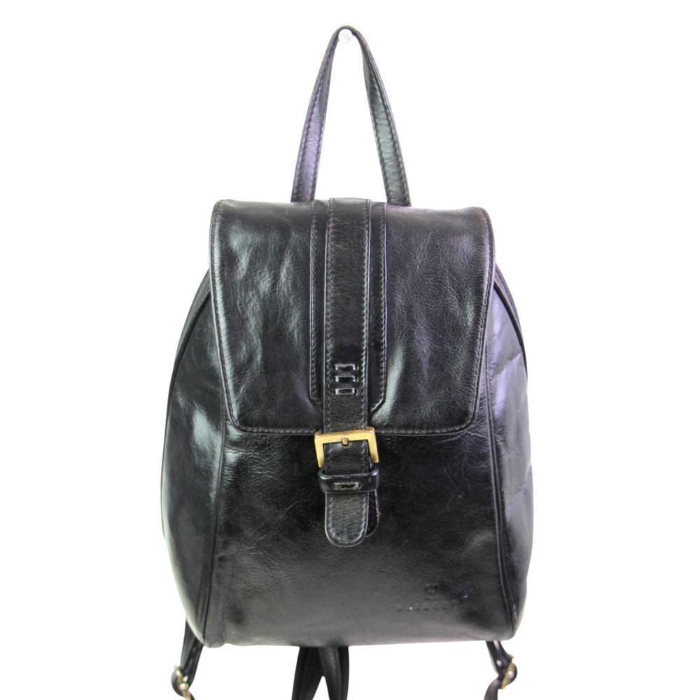Hexagona BLACK REAL LEATHER ZIP AROUND FLAP BACKPACK SHOULDER BAG HANDBAG PURSE